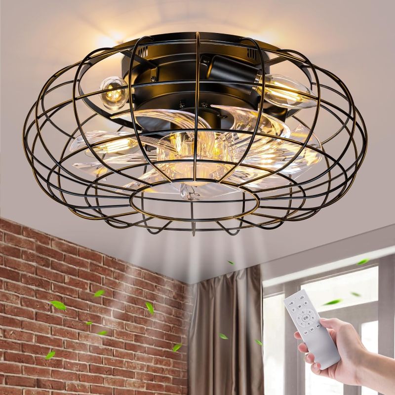Photo 1 of Ceiling Fan with Lights, 16 Inch Caged Ceiling Fan Lights Remote Control Small Industrial Ceiling Fan Light Fixture Flush Mount Farmhouse Light 6 Speeds Bladeless Lights for Bedroom Kitchen

