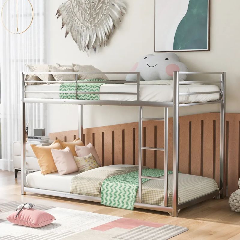 Photo 1 of Twin over Twin Metal Bunk Bed, Low Bunk Bed with Ladder, Silver

