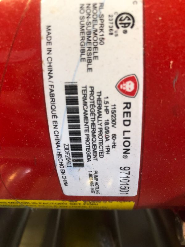 Photo 3 of Red Lion RL-SPRK150 115/230 Volt, 1.5 HP, 71 GPM Cast Iron Sprinkler/Irrigation Pump with Thermoplastic Impeller, Red, 97101501 1.5 HP, Thermoplastic Impeller, 115/230 Volt Sprinkler Pump