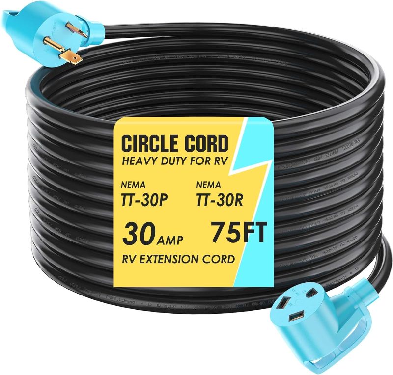 Photo 1 of CircleCord UL Listed 30 Amp 75 Feet RV Extension Cord, Heavy Duty 10 Gauge 3 Wire STW Pure Copper Wire with Grip Handle, TT-30P Male to TT-30R Female with Cord Organizer for RV Trailer Campers
