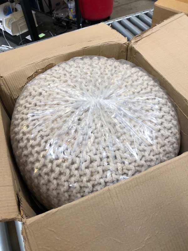 Photo 1 of Frelish Decor Round Pouf Ottoman Hand Knitted Cotton Pouf Footrest,Foot Stool, Knit Bean Bag Floor Chair for Bed Room Living | Room | Accent Seat (Beige 20x20x14 Inch)
