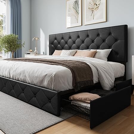 Photo 1 of WEEWAY King Bed Frame with 4 Drawers, Platform King Size Bed Frame with Diamond-Stitch Button Tufted Headboard, Bed Frame King Size with Storage, No Box Spring Needed, Easy Assembly, Black
