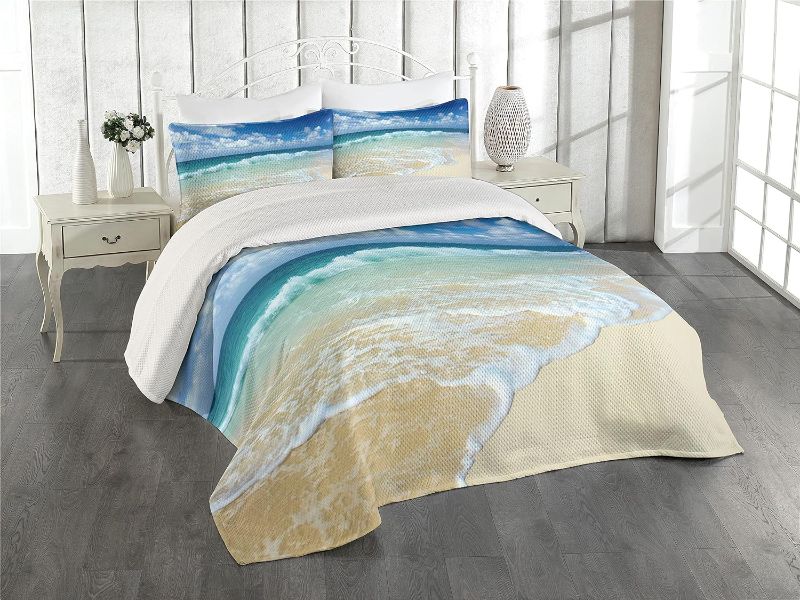 Photo 1 of Lunarable Wave Coverlet Set Queen Size, Beach with Foamy Waves on Empty Sea Shore Holiday Theme Serene Coastal, 3 Piece Decorative Quilted Bedspread Set with 2 Pillow Shams, Brown White

