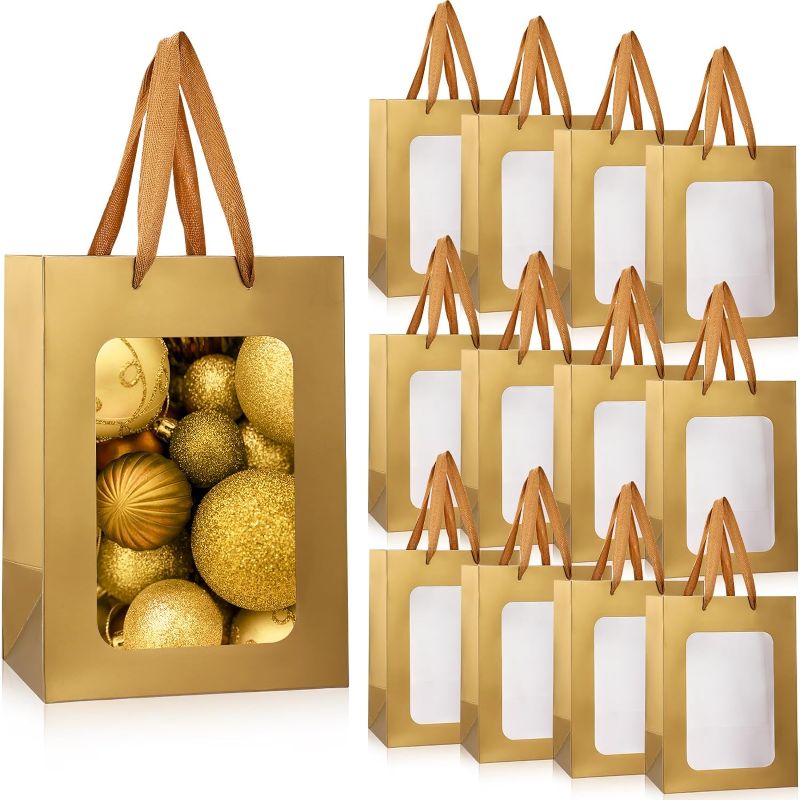Photo 1 of Reginary 50 Pcs Paper Gift Bags with Transparent Window Clear Gift Bag 9.8 x 7.1 x 5.1 Bouquet Gift Bag with Handle Shopping Tote for Mother's Day Graduation Wedding Present Festival Party(Gold)
