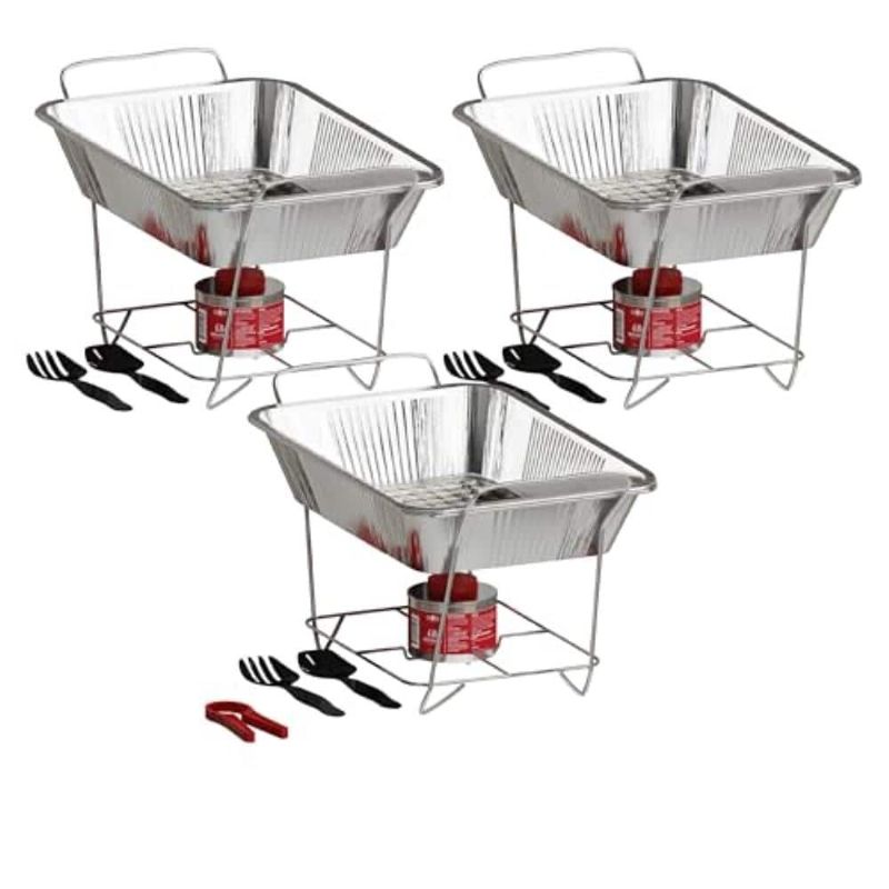 Photo 1 of TRAYS AND STANDS ONLY // 2.5 Qt. Half Size Pans Disposable Aluminum Chafing Dishes Buffet Set of 3
