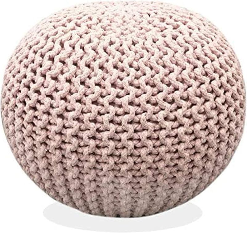 Photo 1 of FRELISH DECOR Round Pouf Ottoman Hand Knitted 100% Cotton Pouf Foot Stool - Knitted Bean Bag - Floor Chair for Living Room Bedroom - Foot Rest for Couch (20 Diameter x 14 Height) - Cloud Pink
