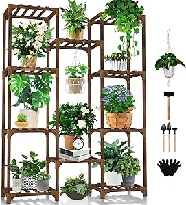 Photo 1 of Uneedem Plant Stand Indoor Outdoor, Tall Plant Shelf for Multiple Plants, 10 tiers 11 Pot Large Plant Rack Wood Plant Holder Plant Shelves for Room Corner Balcony Garden Patio
