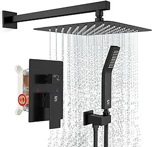 Photo 1 of SR SUN RISE Black Shower Faucet Set Bathroom Square Rain Shower Head and Handle Set, Wall Mounted Rainfall Shower Fixtures (Contain Shower Valve)
SRSH-MBD1003