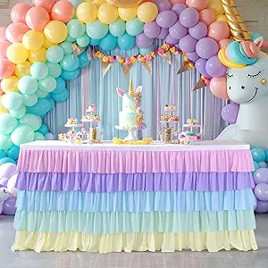Photo 1 of 9ft Rainbow Tutu Tulle Table Skirt for Rectangle Round Tables Chiffon Table Cloth for Birthday Party Decorations Baby Shower Parties Ruffle Table Skirting
