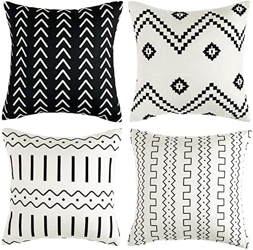 Photo 1 of WLNUI Set of 4 Boho Pillow Covers,18x18 Pillow Covers Modern Throw Pillow Covers Black Geometric Mudcloth Linen Neutral Decorative Pillow Covers for Sofa Couch Chair
