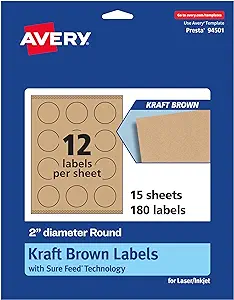 Photo 1 of 2'' ROUND LABELS SUREFEED CRAFT BROWN PAPER 15 SHEET 180 LABELS