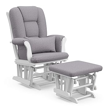 Photo 1 of Storkcraft Tuscany Custom Glider and Ottoman with Free Lumbar Pillow (White/Slate Gray Swirl) - Cleanable Upholstered Comfort Rocking Nursery Chair with Ottoman