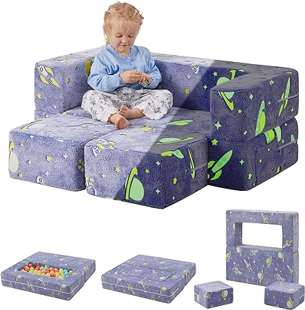 Photo 1 of Kids Play Couch, Glow in The Dark Space Patterns Toddler Modular Sofa, Convertible Baby Fold Out Play Foam and Floor Cushion for Nursery Playroom (Space)
