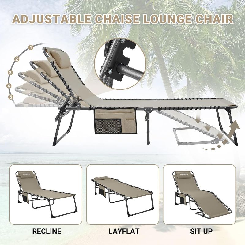 Photo 1 of KingCamp Lounge Chair Outdoor Folding Lounge Chair Adjustable 5-Position for Beach, Tanning Sunbathing, Patio, Pool, Lawn Chaise Lounge Chair with Pillow, Beige/                                                