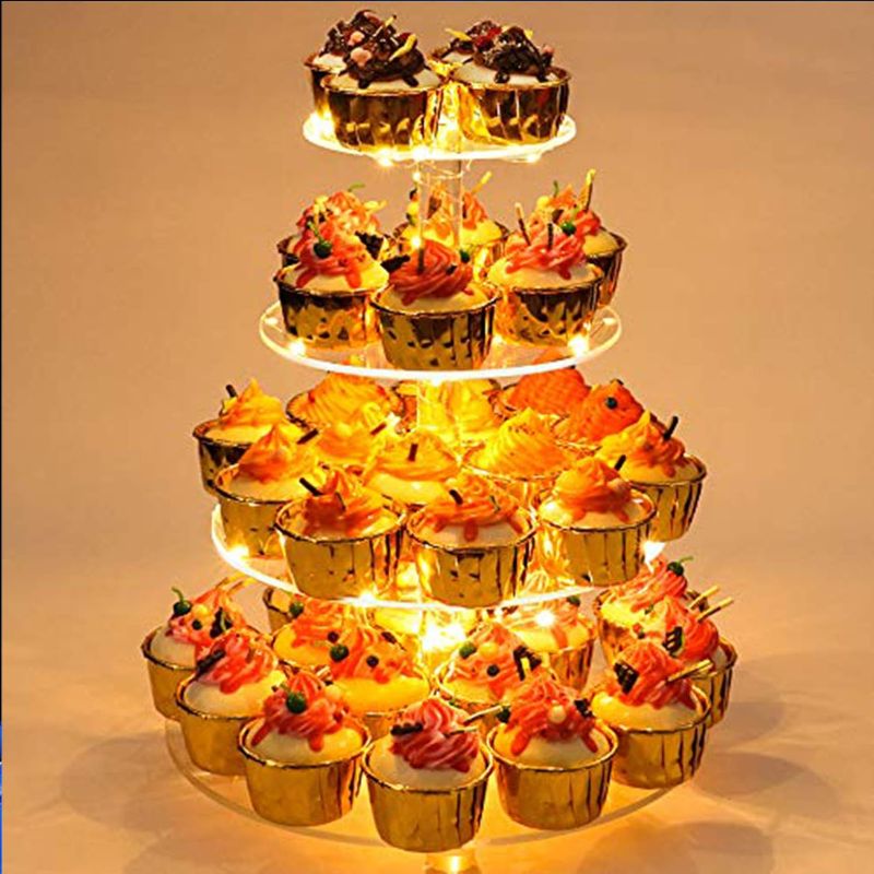 Photo 1 of  YestBuy 4 Tier Round Cupcake Stand, Cupcake Holder, 4 Tier Cupcake Tray, Acrylic Cake Tower Stand Display for Pastry + LED Light String, Ideal for Weddings, Birthday Parties (Yellow)
 