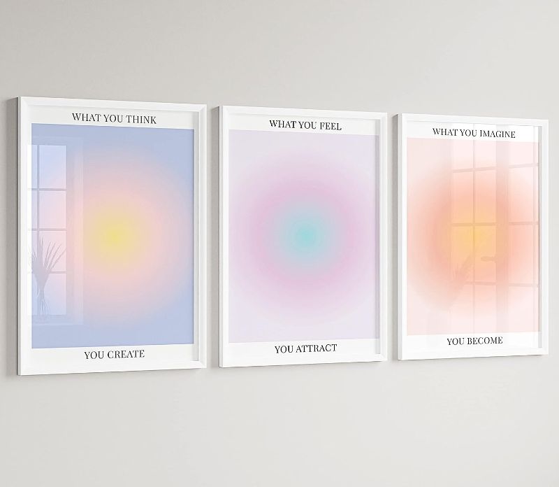 Photo 1 of Colorful Abstract Aura Posters for Room Aesthetic 3 Piece Aura Gradient Spiritual Affirmation Canvas Wall Art Positive Energy Painting Danish Pastel Room Wall Decor for Bedroom Yoga 12x16in Unframed
