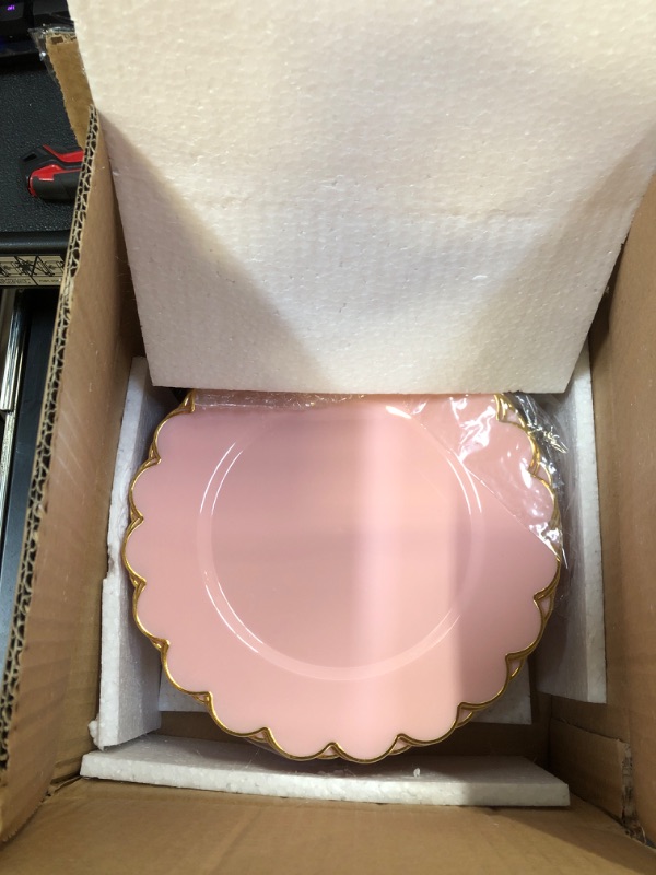 Photo 2 of 50 Pack Pink and Gold Plastic Plates, 9 Inch Scalloped Plates with Gold Rim for Birthday Party, Baby Shower