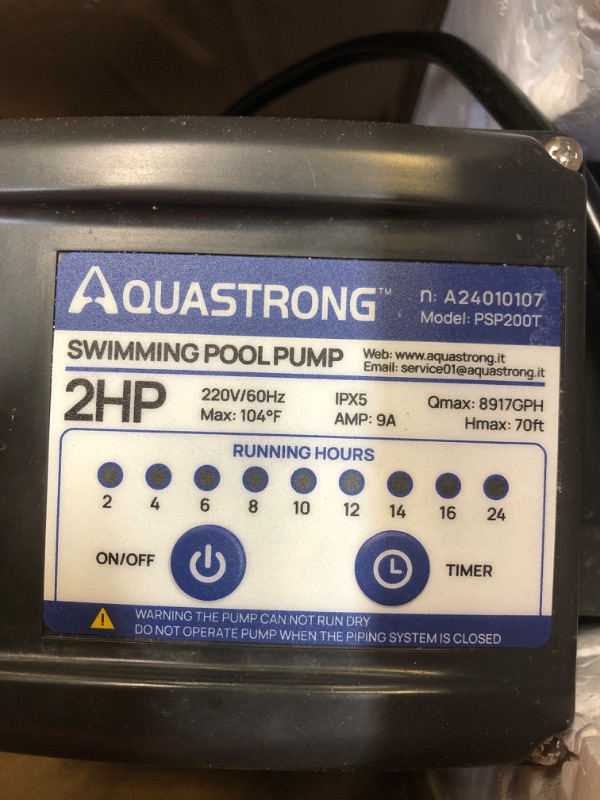 Photo 2 of AQUASTRONG 2HP In/Above Ground Pool Pump with Timer, 115V, 8917GPH, High Flow, Powerful Self Primming Swimming Pool Pumps with Filter Basket-B
