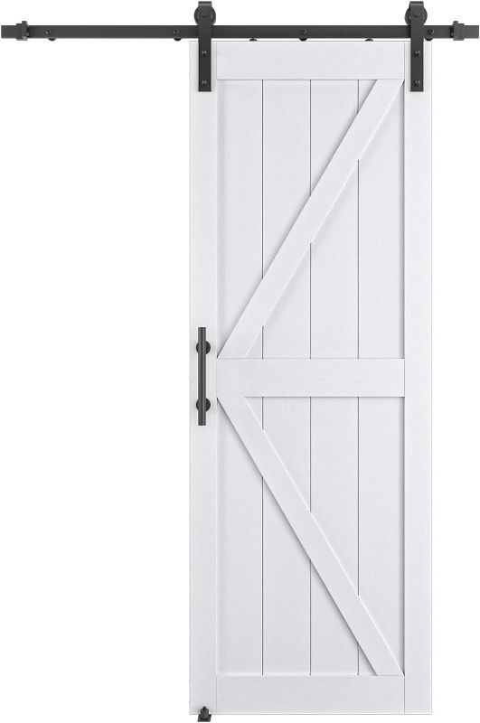 Photo 1 of 30in x 80in MDF Sliding Barn Door with 5ft Barn Door Hardware Kit & Handle, Pre-Drilled Holes Easy Assembly -Solid Barn Door Slab Covered with Water-Proof PVC Surface, White, K-Frame

