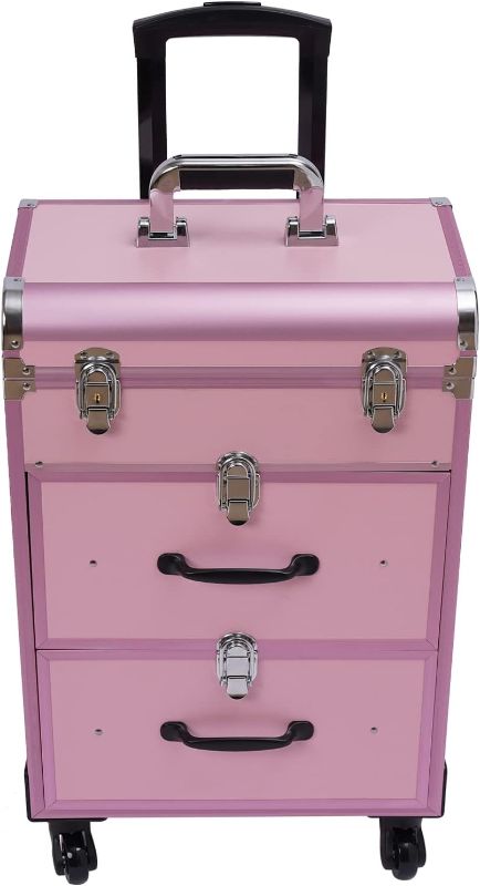 Photo 1 of Rolling Makeup Case, Large Cosmetic Trolley with Locks, Make up Bag with dividers, Cosmetics Storage Organizer for On The Go Makeup/Nail Art/Hair Styling (Pink)
