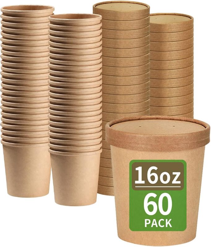 Photo 1 of 60 PK 16OZ KRAFT PAPER CUPS W/LIDS