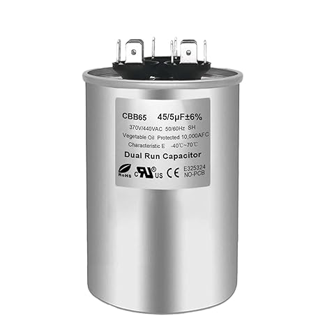 Photo 1 of CBB65 370/440 VAC Round Dual Run Capacitor for Air Conditioner,Heat Pump Condenser,Fan Start- 5 Years Warranty (45+5 uF, 1)
