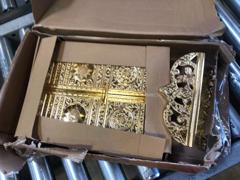 Photo 2 of ihvan online Islamic Metal Quran Box with Stand, Kaaba Door Motif, Islamic Decorations for Home, Muslim Home & Table Decor, Perfect Islamic Gifts, Color: Gold