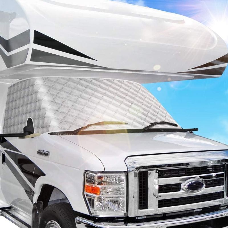 Photo 1 of BougeRV RV Windshield Window Snow Cover for Class C Ford E450 1997-2024 Motorhome, Windshield Cover for Ice and Snow RV Front Window Sunshade Cover RV Accessories 4 Layers with Mirror Cutouts Silver
