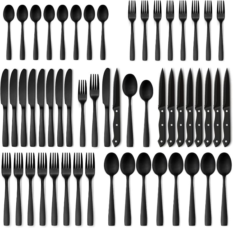 Photo 1 of Hiware 48-Piece Matte Black Silverware Set with Steak Knives, Black Flatware Set for 8, Stainless Steel Tableware Cutlery Set, Utensil Sets for Kitchen
