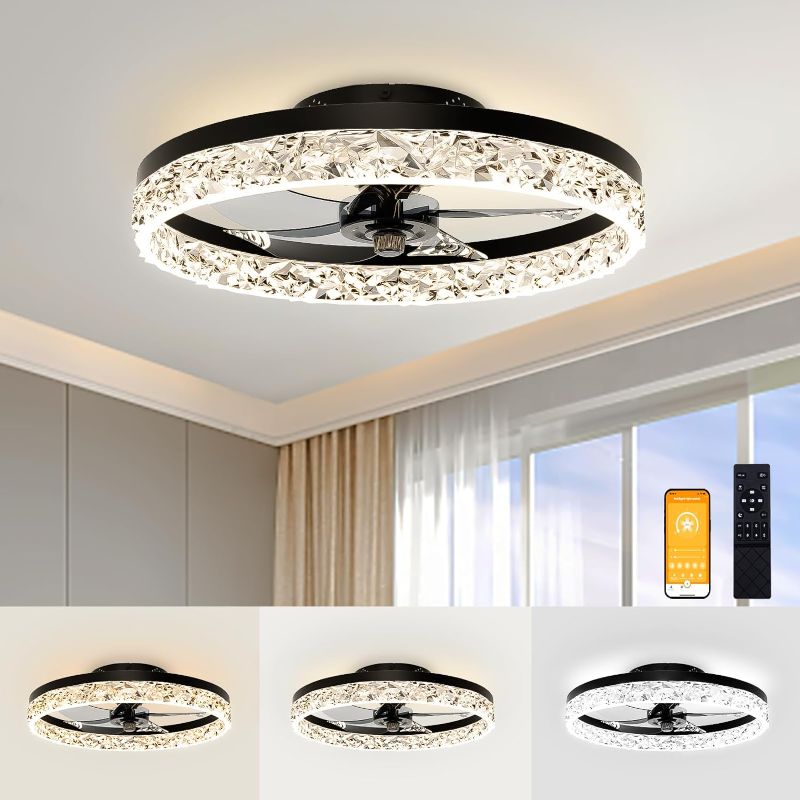 Photo 1 of VOLISUN Low Profile Ceiling Fan with Lights and Remote, 19.7in Modern Ceiling Fans Flush Mount, 3000K-6500K Dimmable Bladeless LED Fan Light, Black Fandelier Ceiling Fans with Lights for Bedroom
