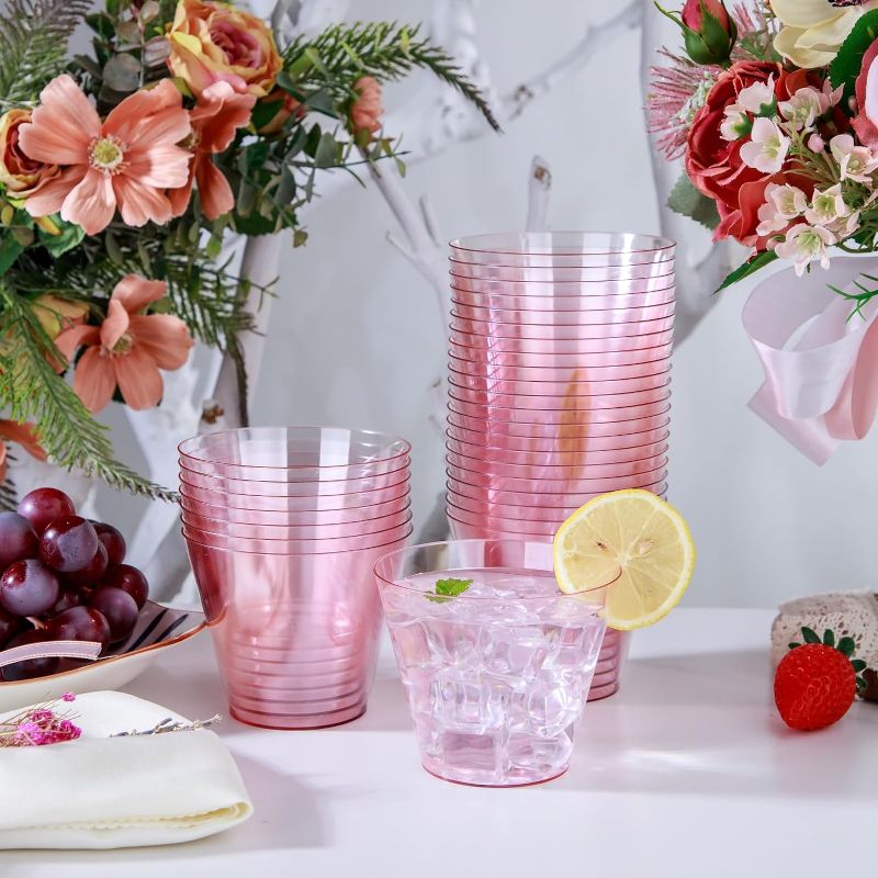 Photo 1 of 50PCS Clear Pink Plastic Cups - 9 Oz Heavy Duty Plastic Cups - Clear Party Cups Disposable Wine Plastic Cups for Parties & Weddings Pink-50PACK