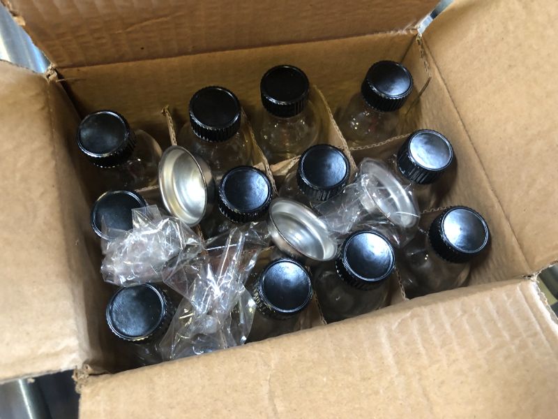 Photo 2 of 12 Pack, 2 oz Small Clear Glass Bottles w/ Lid & 3 Stainless Steel Funnels - 60ml Boston Sample Bottles - Mini Travel Essential or Decorative Bottles for Potion, Juice, Wellness, Ginger Shots, Whiskey
