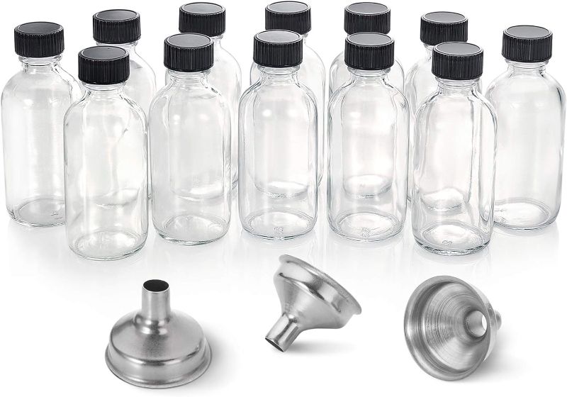 Photo 1 of 12 Pack, 2 oz Small Clear Glass Bottles w/ Lid & 3 Stainless Steel Funnels - 60ml Boston Sample Bottles - Mini Travel Essential or Decorative Bottles for Potion, Juice, Wellness, Ginger Shots, Whiskey
