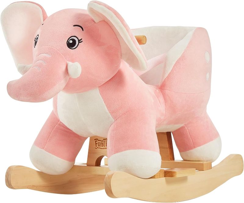 Photo 1 of FUNLIO Elephant Baby Rocking Horse for Toddlers 6 Months to 3 Years, Cute & Graceful Pink Elephant Rocker for Baby Girl, Stuffed Plush Ride-on Rocking Animal, Easy to Assemble, CPC & CE Certified
