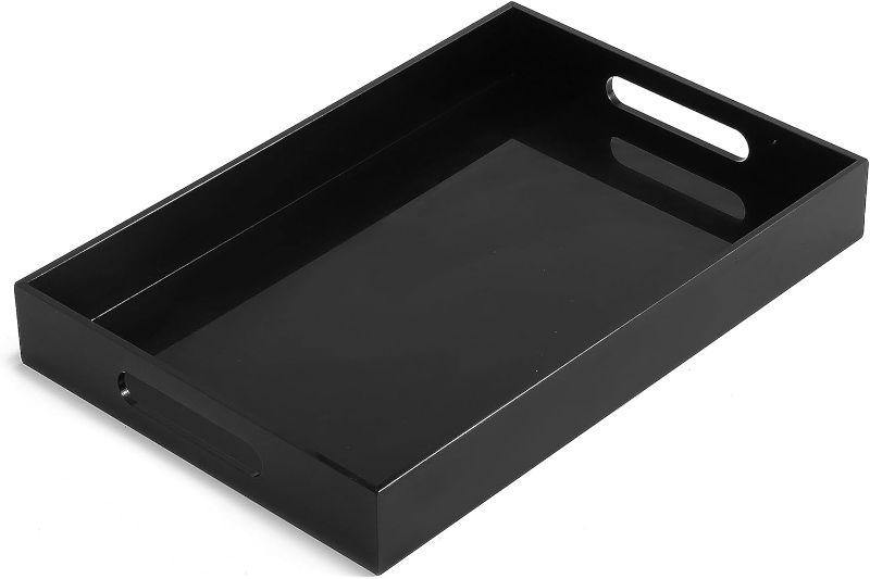 Photo 1 of Glossy Black Sturdy Acrylic Serving Tray with Handles-12x20Inch-Serving Coffee,Appetizer,Breakfast,Butler-Kitchen Countertop Tray-Makeup Drawer Organizer-Vanity Table,Ottoman Tray-Decorative
