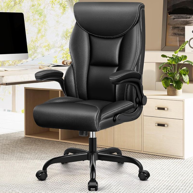 Photo 1 of Office Chair Leather, Big and Tall Ergonomic Desk Chair Executive Office Chair, Comfy PU Leather Home Desk Chair, High Back Swivel Computer Desk Chairs with Rocking Function (Matte Black)
