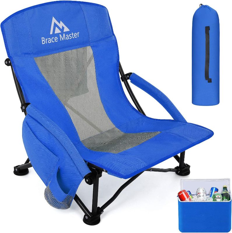 Photo 1 of Brace Master Beach Chair Camping Chair,Low Back Sand Chairs,Foldable Mesh Back Design with Cup Holder & Cooler & Phone Bag,for Camping,Beach,Picnic?Blue 1 Pack?
