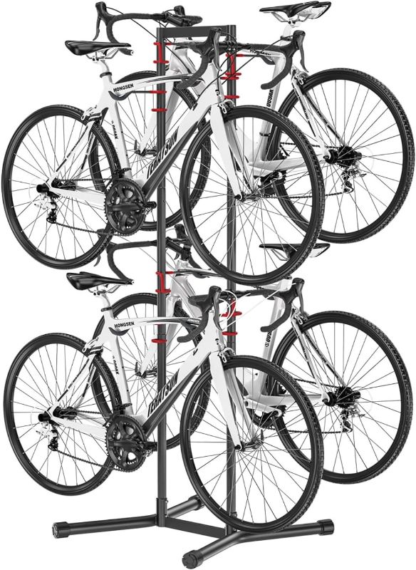 Photo 1 of Himiway 4 Bike Rack Garage Storage, Bicycle Garage Floor Stand with Adjustable Hooks, No Drilling Required Vertical Bike Stand for Road, MTB, and Hybrid Bicycles, Holds Up to 70kg
