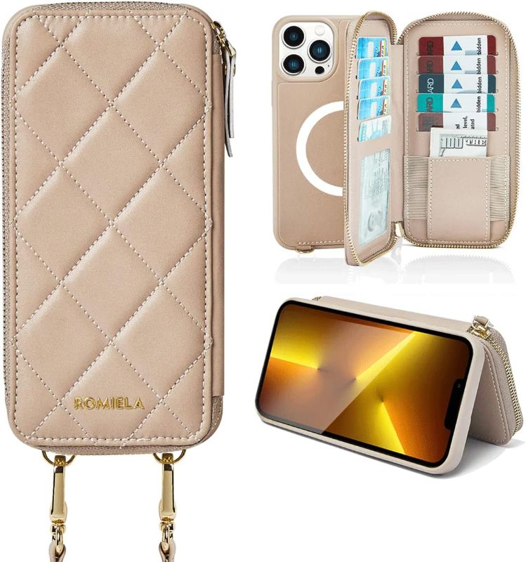 Photo 1 of ROMIELA iPhone 14 Pro Wallet Case with Crossbody Strap Lanyard Quilted Leather Purse, [Support Wireless Charging],[RFID Blocking] Zipper Card Holder FILP Case for iPhone 14 Pro 6.1 inch
