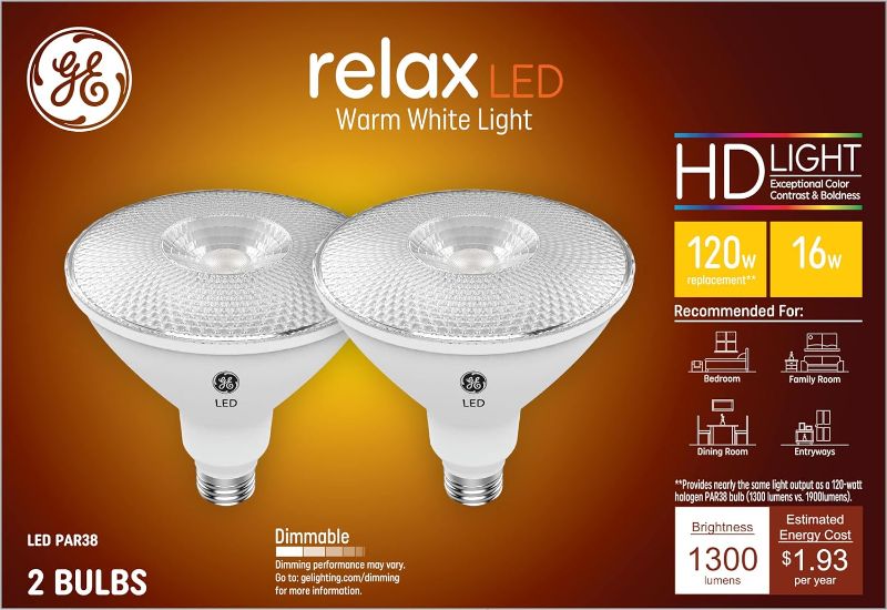 Photo 1 of GE Lighting Relax LED Light Bulbs, HD Light, 16 Watt (120 Watt Equivalent) Warm White, PAR38 Floodlight Bulb, Medium Base, Dimmable (2 Pack)
