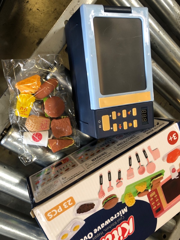 Photo 1 of Kids Microwave Toy with Light and Sound, Realistic Toy Kitchen Appliances, Play kitchen accessories and Play Food for Toddlers 3 Year Old Up Girls Boys, Blue