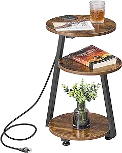 Photo 1 of BEWISHOME Round End Table with Charging Station, Accent Side Table Nightstand Bedside Table with 3-Tier Shelves for Living Room Bedroom Couch Table Small Coffee Table Rustic Brown KTZ51Z