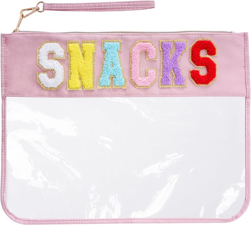 Photo 1 of 16.7 Inch Big Snacks Clear Pouch, Snacks Makeup Tote Bag, Waterproof Snacks Bag for Travel, Snacks Bag Clear Chenille Letter Bags, Multi-purpose PVC Clear Bags with Wrist Strap, Pink
