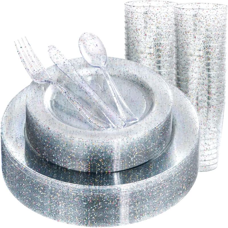 Photo 1 of Rubtlamp 180PCS Glitter Plastic Plates with Glitter Disposable Silverware, Clear Glitter Plates for 30 Guests Include 30Dinner Plates, 30Dessert Plates, 90Cutlerys, 30Cups for Party
