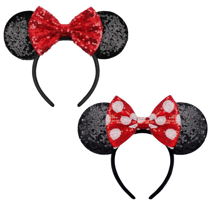 Photo 1 of 2 PCS Mouse Ears, Shiny Red Sequin Bow Mouse Ears Headbands for Adult Women Girls Christmas Birthday Party (Red&dot bow)
