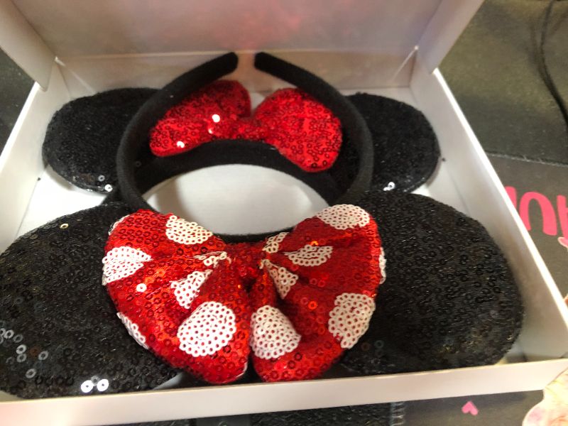 Photo 2 of 2 PCS Mouse Ears, Shiny Red Sequin Bow Mouse Ears Headbands for Adult Women Girls Christmas Birthday Party (Red&dot bow)
