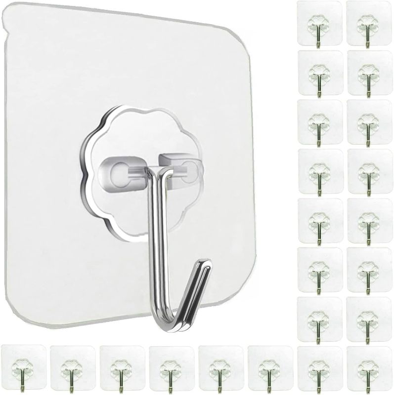 Photo 1 of 24 Pack Wall Hooks for Hanging 33lb(Max) Heavy Duty Self Adhesive Hooks Transparent Waterproof Sticky Hooks for Keys Bathroom Shower Outdoor Kitchen Door Home Improvement Utility Hooks
