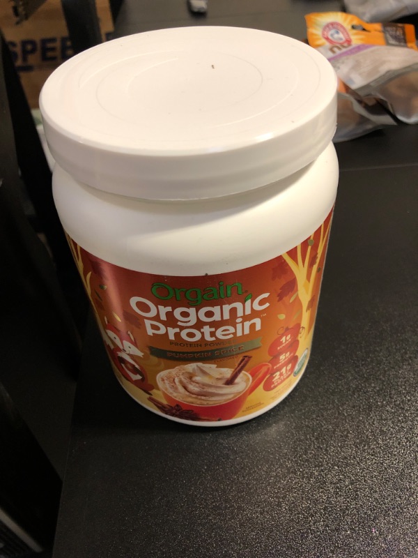 Photo 2 of  expires-4/26/24
Orgain Organic Vegan Protein Powder, Pumpkin Spice - 21g of Plant Based Protein, Non Dairy, Gluten Free, 1g of Sugar, Soy Free, Kosher, Non-GMO, 1.02 Lb (Packaging May Vary) Pumpkin Spice, 1lb