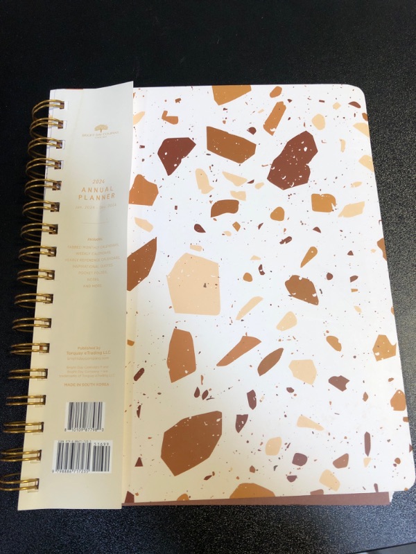 Photo 2 of 2024 Terrazzo Annual Planner by Bright Day, Yearly Monthly Weekly Daily Spiral Bound Dated Agenda Flexible Cover Tabbed Notebook, 8.25 x 6.25