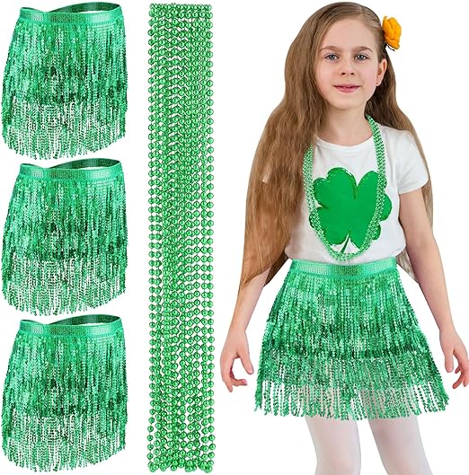 Photo 1 of 3 Set St. Patrick's Day Sequin Tassel Skirt and Beads Necklace for Women Costume Accessory Set
